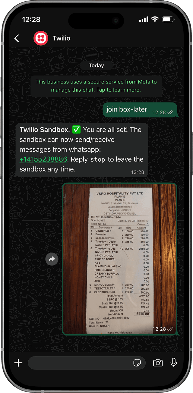 Sahaj WhatsApp reply showing extracted receipt details and ITC