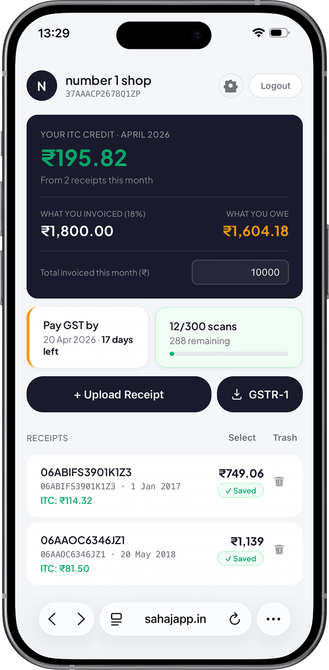 Sahaj dashboard showing the receipt added via WhatsApp